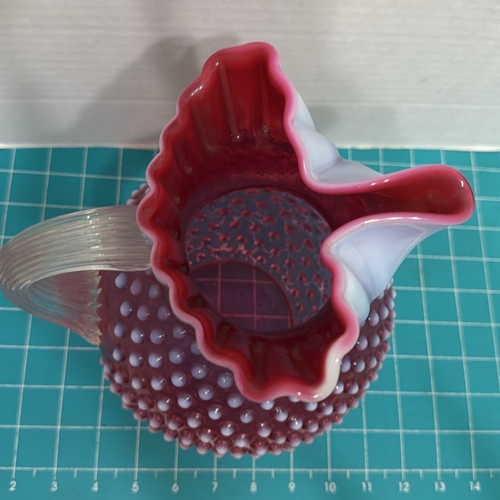 Fenton Pink / Cranberry Opalescent Hobnail Vintage Pitcher Art Glass Approx 8"H - Picture 9 of 10